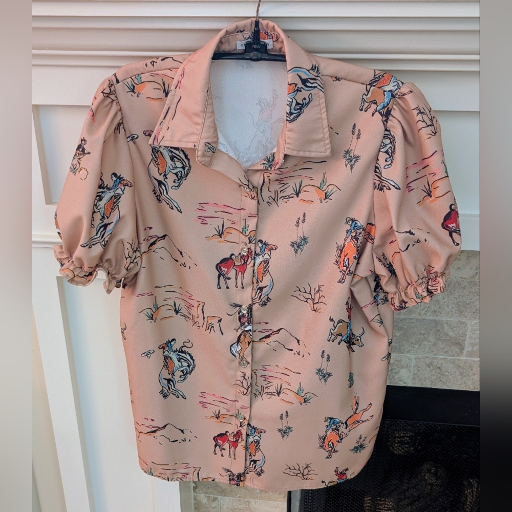 CHERRYBETTY Western Cowboy Print Puff Sleeve Button-Front Blouse - Apricot